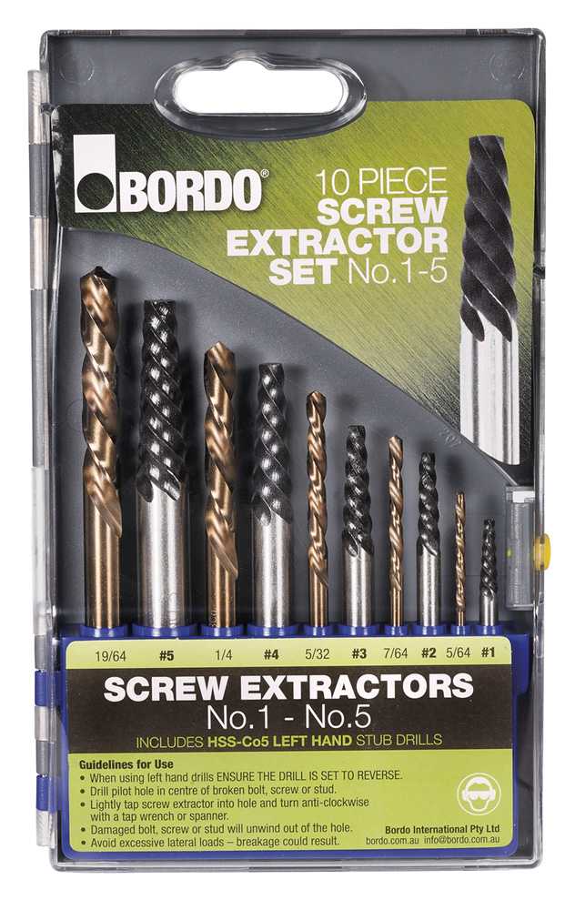 Screw Extractor 10 Piece Set Nos 1-5 & Left Hand Stub Drills
